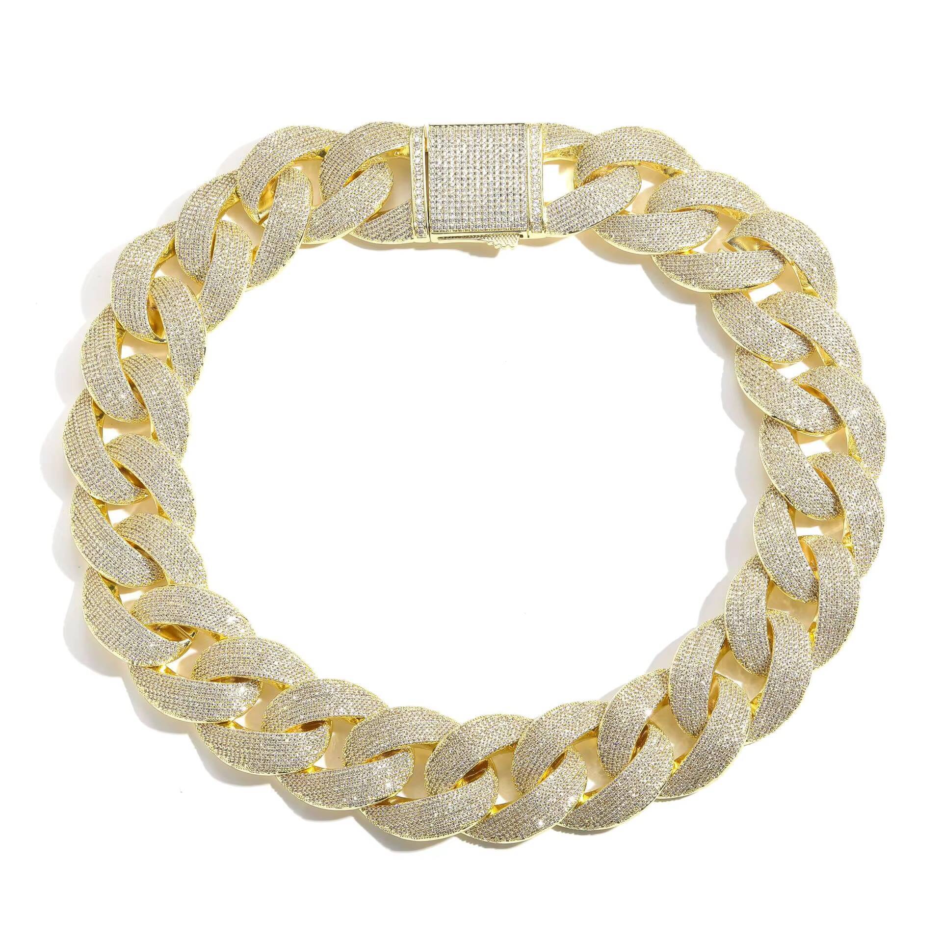 BES Jewelry 35mm Gold Plated Iced Straight Pin Necklace Hip Hop Cuban Chain