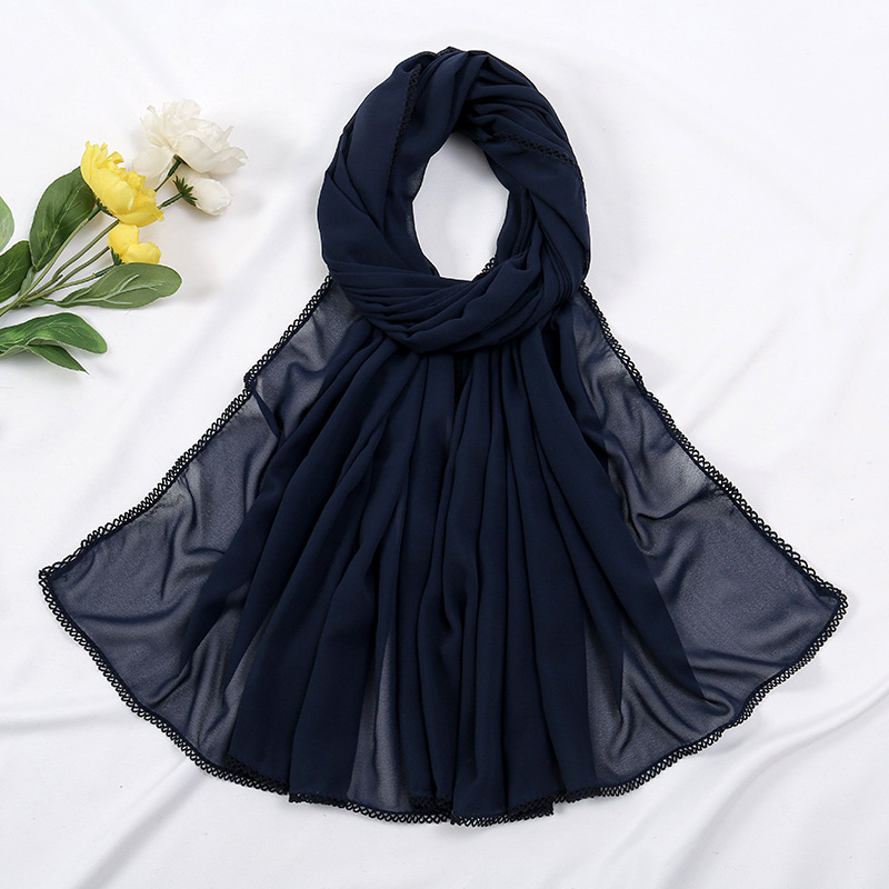 K898 New Malaysian curved edge lace headscarf elegant style female tooth edge pearl chiffon solid color scarf wholesale