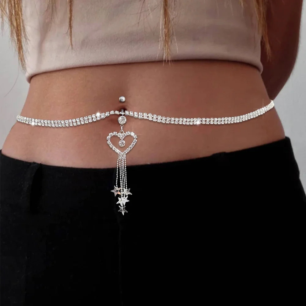 Boho Heart Dangle Rhinestone Piercing Navel Chain Belly Button Ring with Waist Chain Women Navel Piercing Body Jewelry Gift 250530