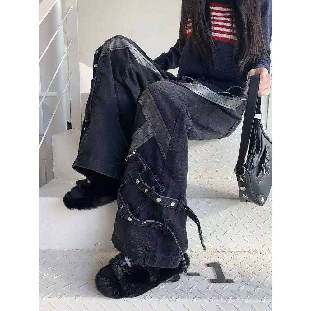 American Women Street Retro Zipper Splicing Micro Flared Jeans Y2k Slimming Multi Pocket Design Straight Leg Pants