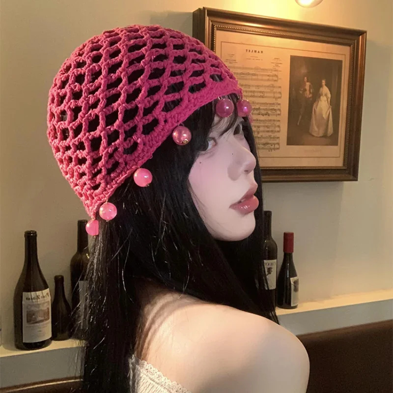 Ins Personalized Beaded Hand-woven Beanies Cap for Women Summer Autumn Travel Po Versatile Retro Hollow Pullover Hat 250530