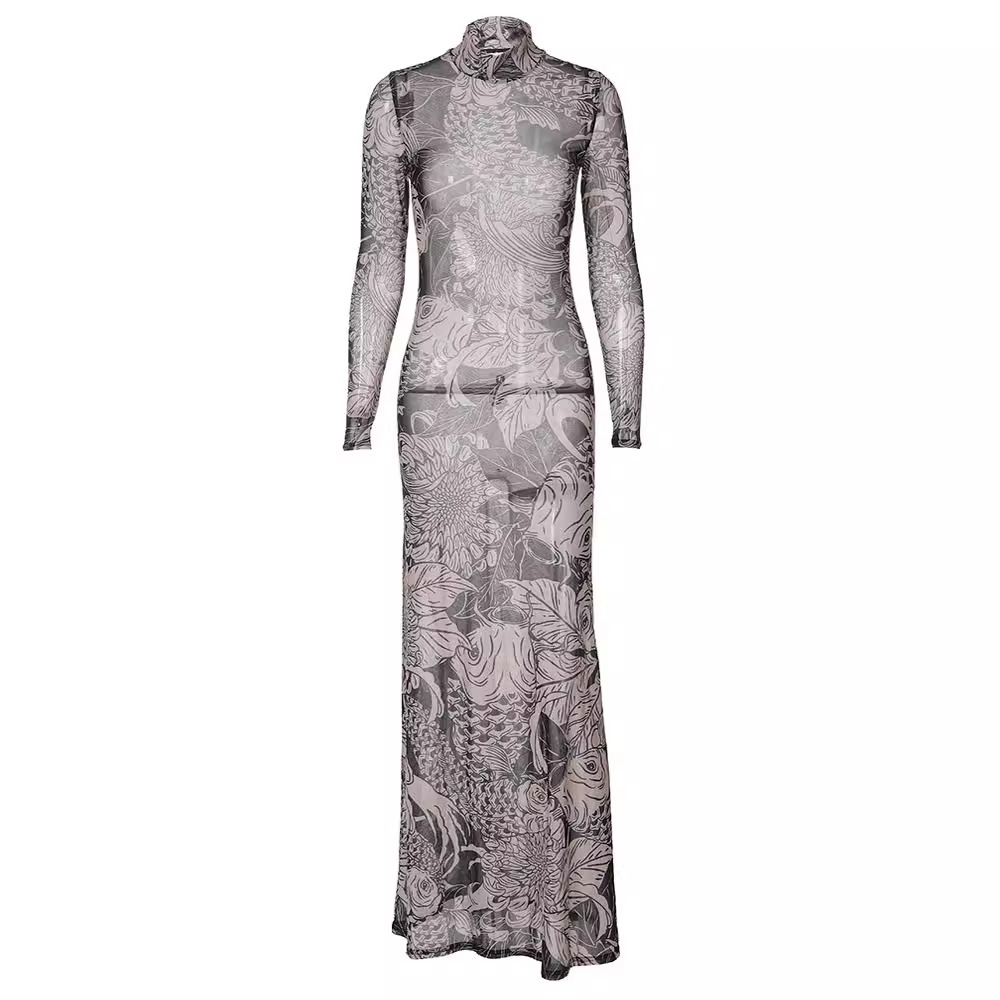 Designer T Shirt European And American Cross Border Women S Fashion Autumn New Fashion Mesh Print Sheer High Neck Slim Fit Dress For Women Essentials 