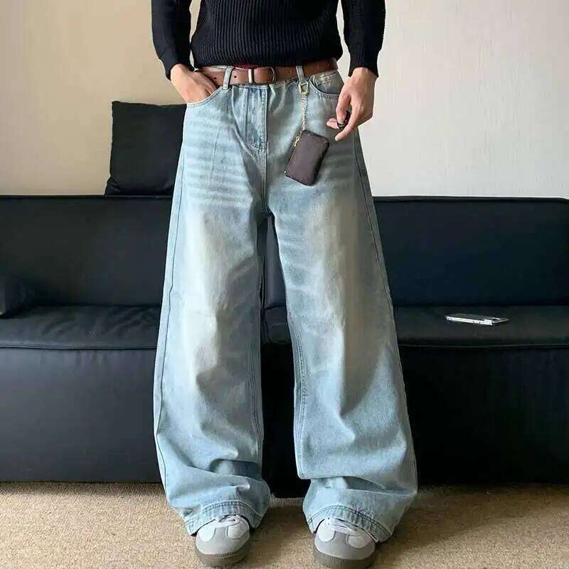 FEWQ American Washed Men's Jeans High Street Loose Straight Wide Leg Pants 2024 Vintage Korea Fashion Male Trousers 24E1565