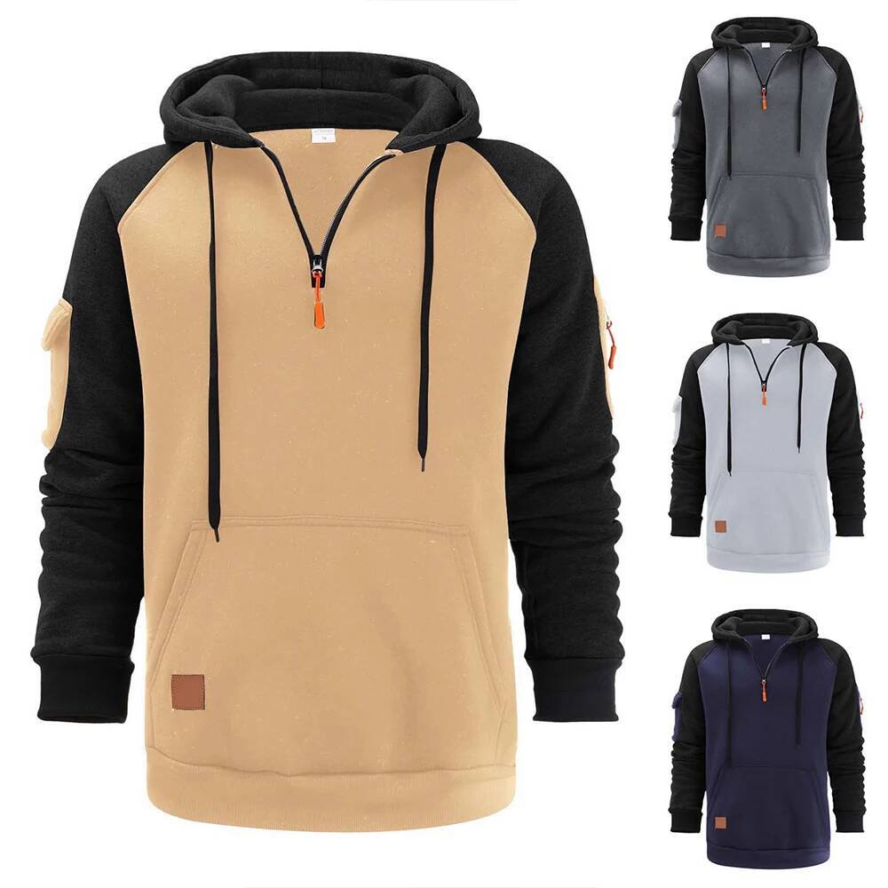 Autumn Winter Men's Leisure Sports Multi-Zip Arm Pocket Jumper Hoodie