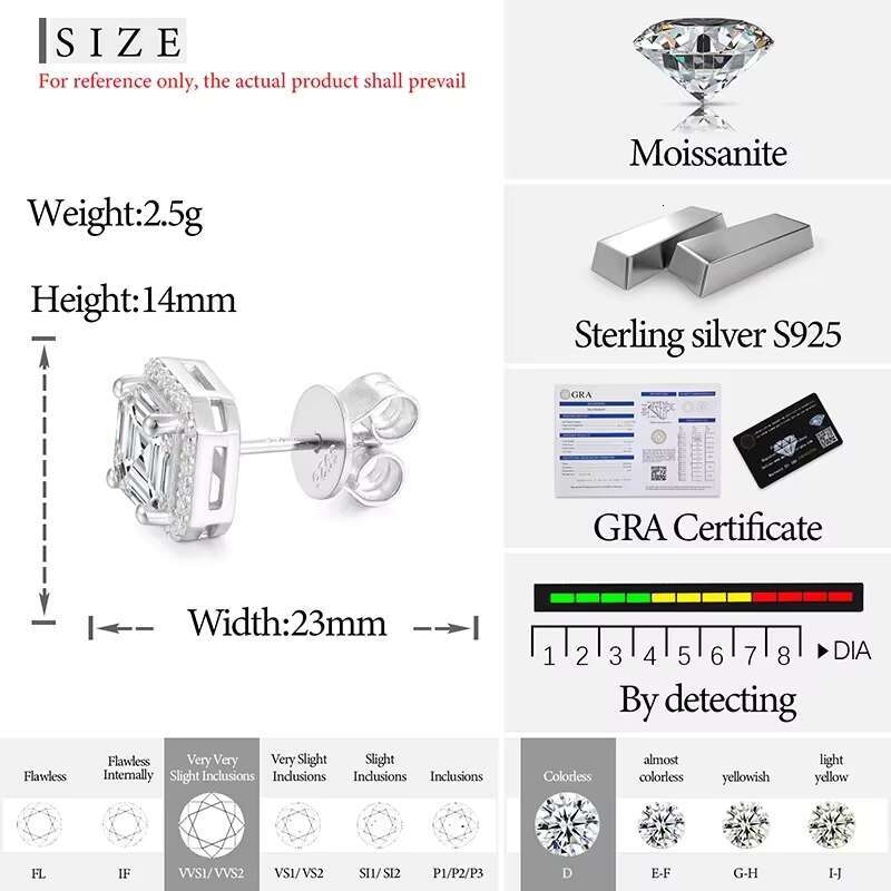 D VVS1 Ascher Cut Moissanite Square Stud Earrings 925 Sterling Silver High Quality For Women