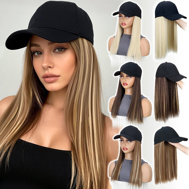 Synthetic Hat Wig with Long Straight Black Hair Baseball Cap Hair Extension Stylish Convenient All-in-One for Women 250530