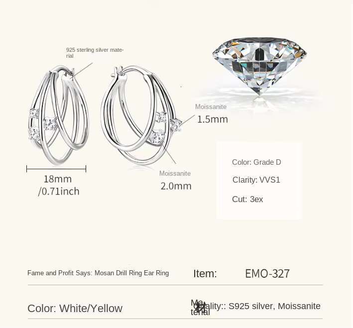 Fine Jewelry 18K Gold Plated Sparkling Moissanite Earrings 0.16 Carat VVS Moisonite Hoop Earings with Gra Certificate