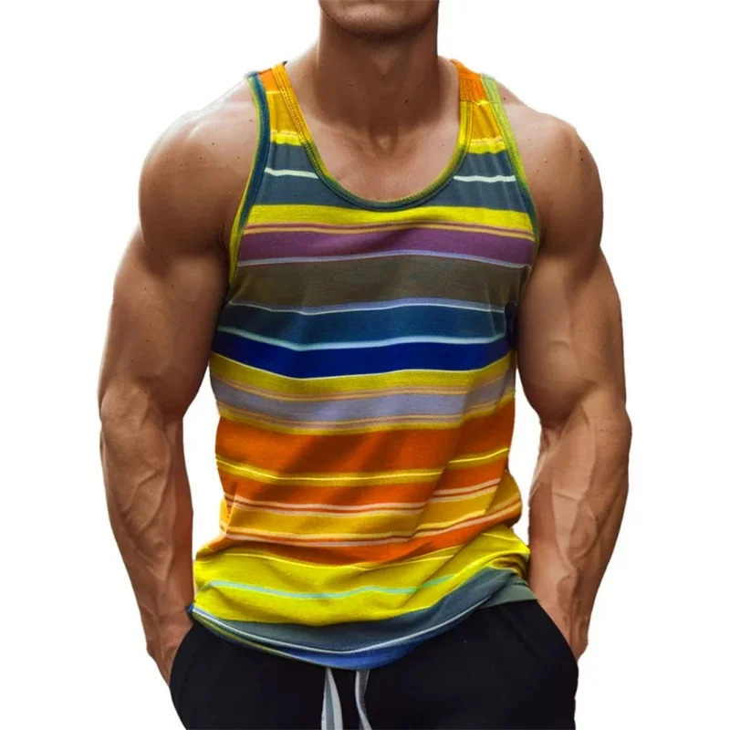 3D Printed Colorful Stripes Tank Tops For Man Gradient Pattern Tees Summer Casual Fashion Vest Oversized Sports Street Top 250527