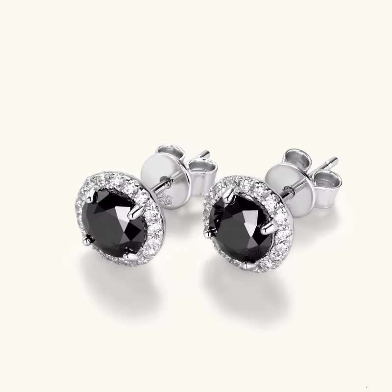 Wholesale Hypoallergenic Diamond Stud Earrings 925 Sterling Silver 6MM 0.8CT Classic Black Round Moissanite Halo Stud Earrings