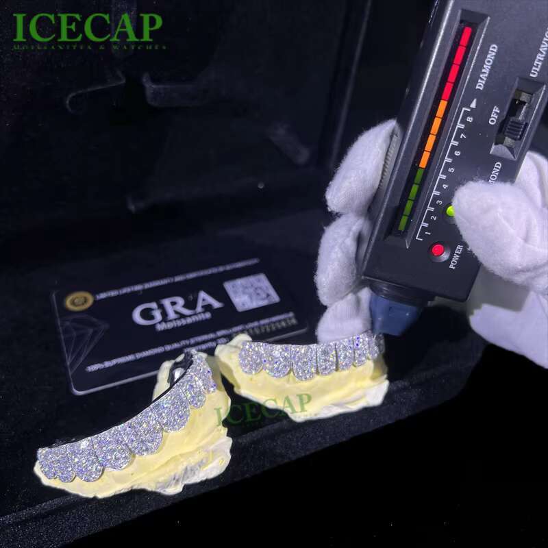 Iced out VVS Moissanite Diamond Teeth Grillz Custom Sterling Silver 925 Hip Hop Rapper Grillz for Men