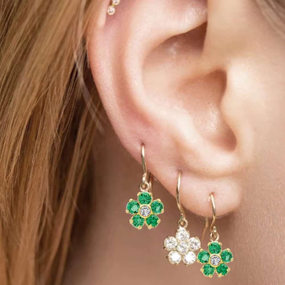 Women Gift Party Large Green Stone Diamond Flower Drop Stud Earrings