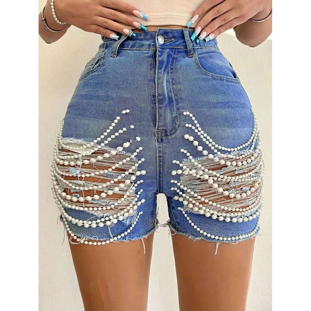 Denim Shorts Jeans Shorts Women S Denim Shorts Summer New High Waist Slimming Handmade Beaded Chain Ripped Hot Pants Ripped Short Jeans