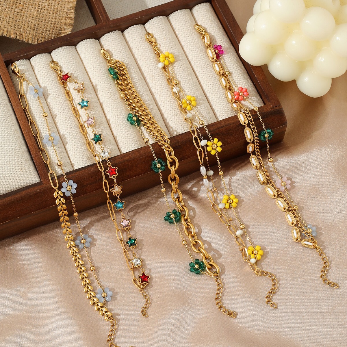 Titanium Two-Layer Stacked Colorful Crushed Stone Gold-Plated Stainless Steel Bracelet