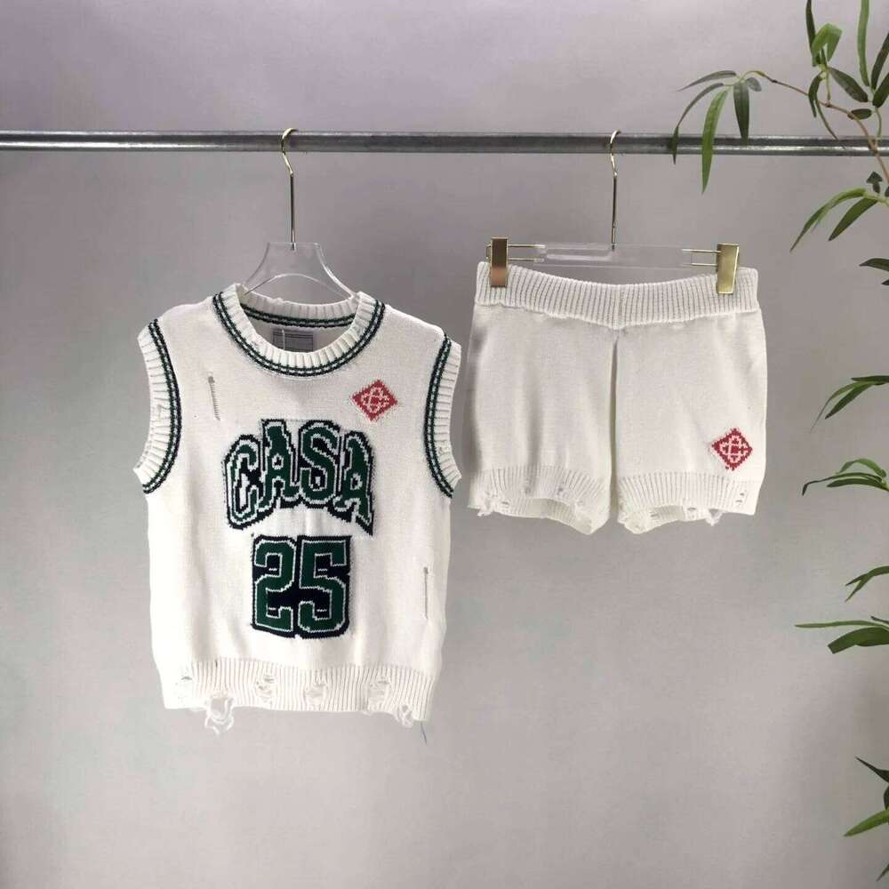 2025 Summer Vacation Women's Sports Knitted Vest +Shorts 2 Piece Outfits Crochet Sets Letter Jacquard Pattern Matching Set