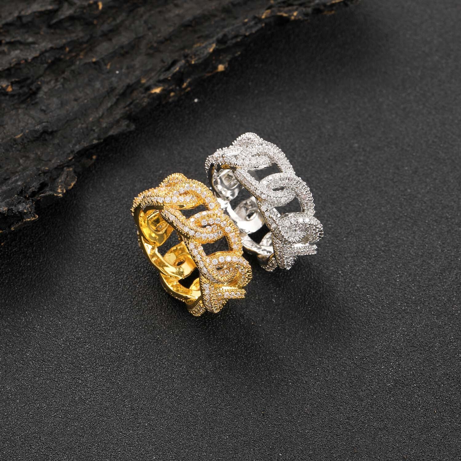 Hip Hop Ring Cuban Chain Hollow Mens Ring Full of Moissanite Personalized Fashion Hip Hop moissanite