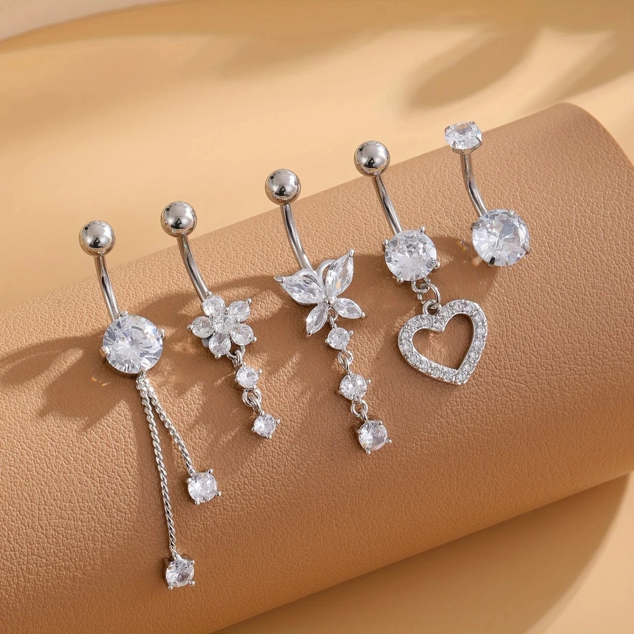 Set of 5pcs Stainless Steel Zirconia Inlaid Belly Button Rings With Butterfly/Heart/Flower s Boho Navel Piercing Jewelry 250530
