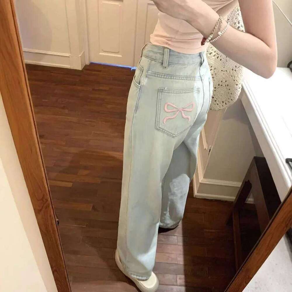 High Waist Embroidered Washed Out Denim Jeans Women Summer Loose Straight Leg Floor Length Pants Blue Color Slim Fit Trousers