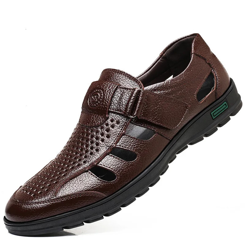 Mens Genuine Leather Sandals Men Summer Hollow Breathable Leather Shoes Mens Casual Soft Comfortable Flats EU Sizes 38-48 250530