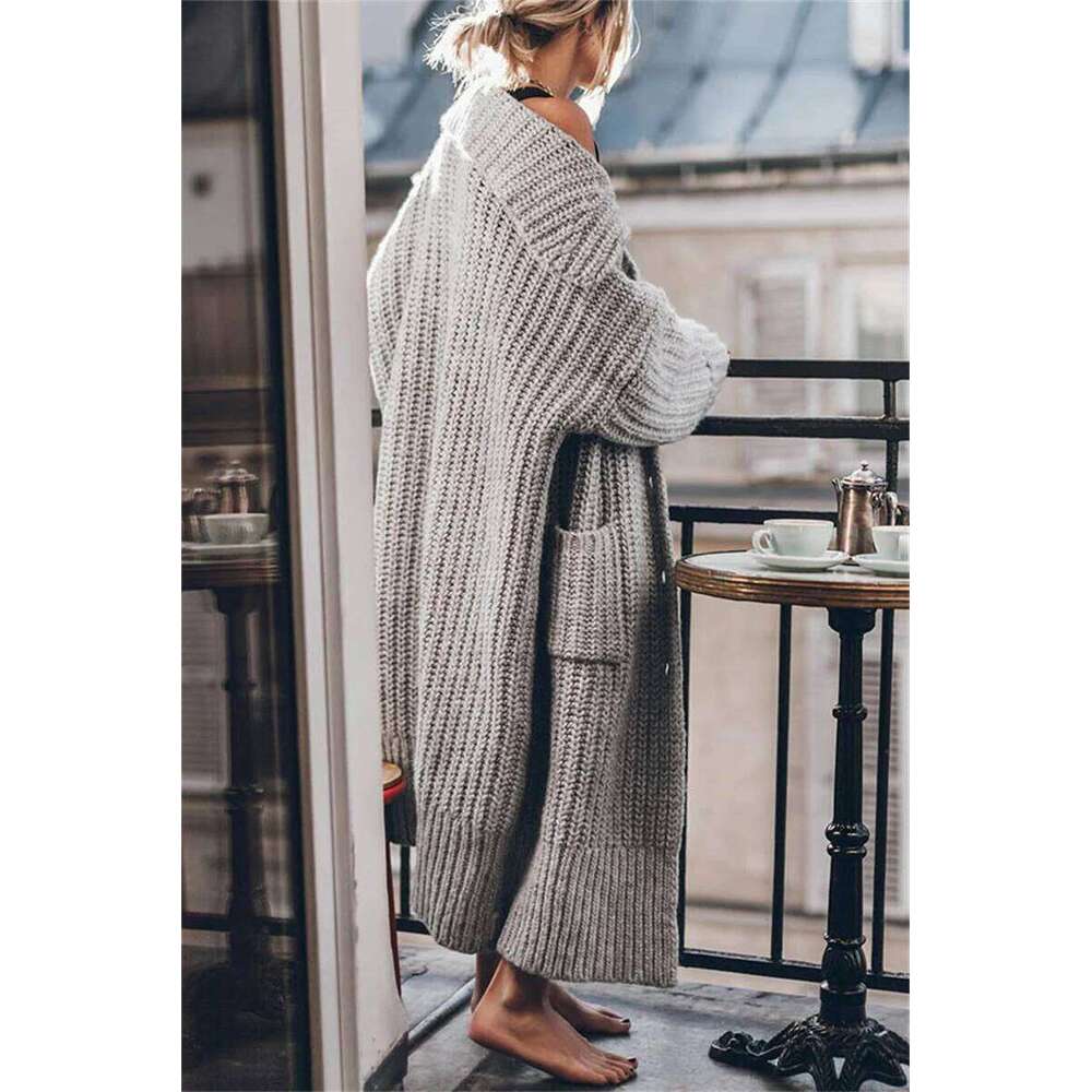 2024 Women's Autumn And Winter Maxi Cardigans Single Breasted Oversized Sweaters Solid Color Large Collar Boho Long Knitwear