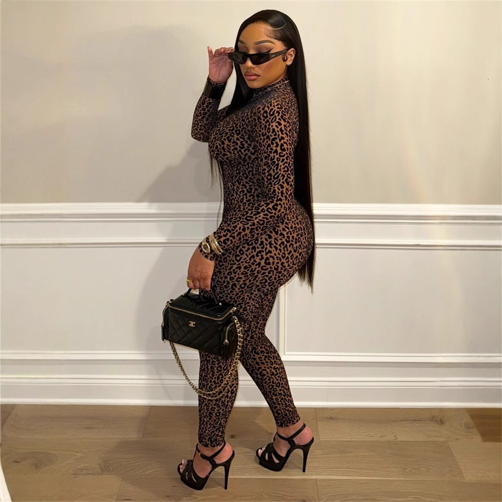 Designer T Shirt Autumn New European And American Fashion Versatile Stretch Slim Sexy Leopard Print Long Sleeve Jumpsuit For Women Essentials Summer D