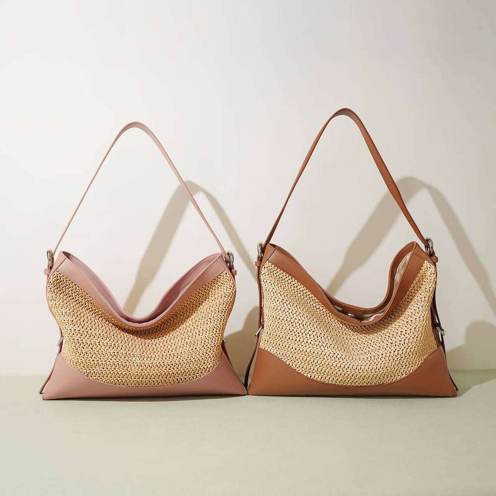 Factory Customized Raffia Tote Shoulder Handbag Polyester Paper Straw Beach Bag With Cowhide Leather