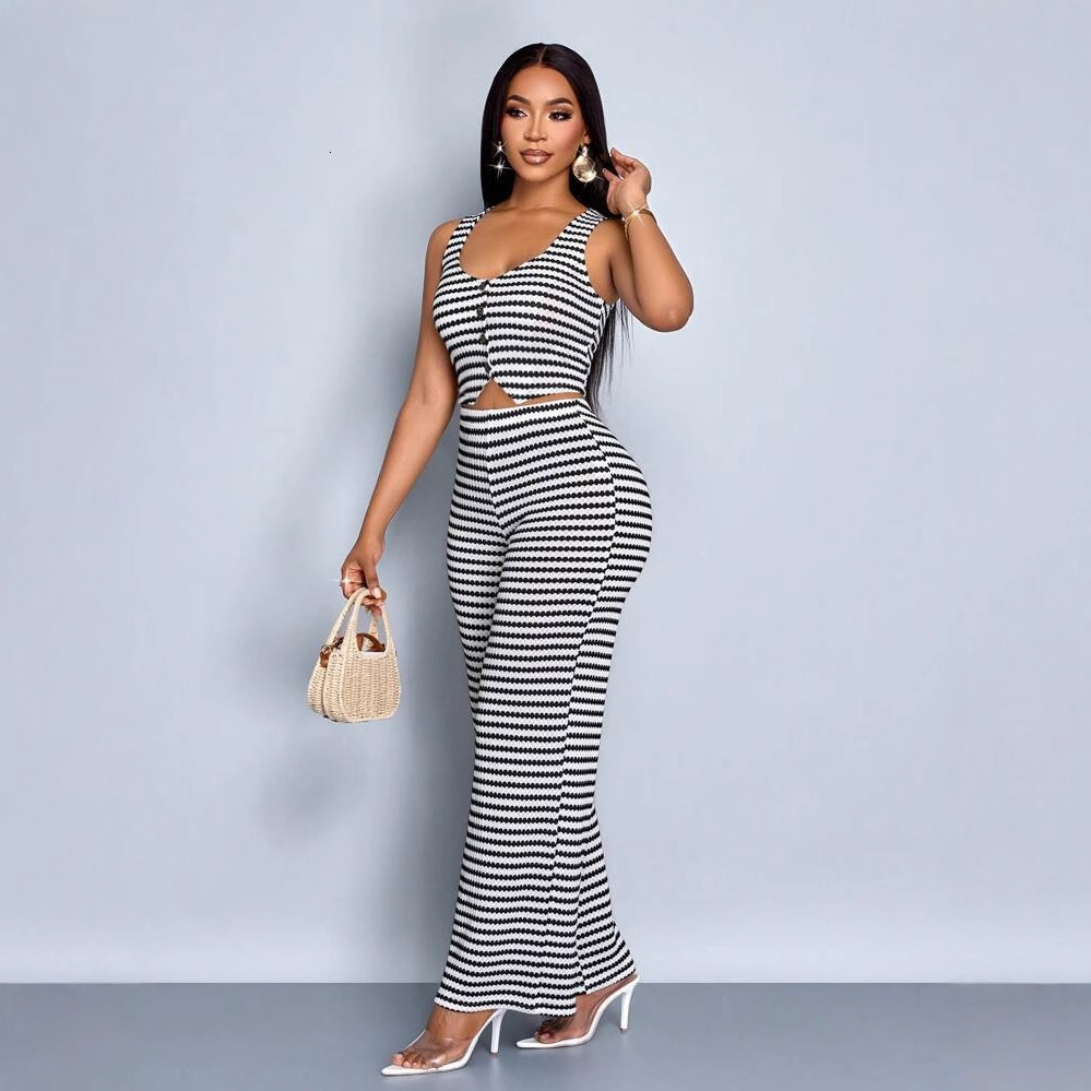 Designer T Shirt New Fashion Women S Clothing Fashion Personality Striped Print Sleeveless Vest Top Loose Wide Leg Pants Set Essentials Summer Dress