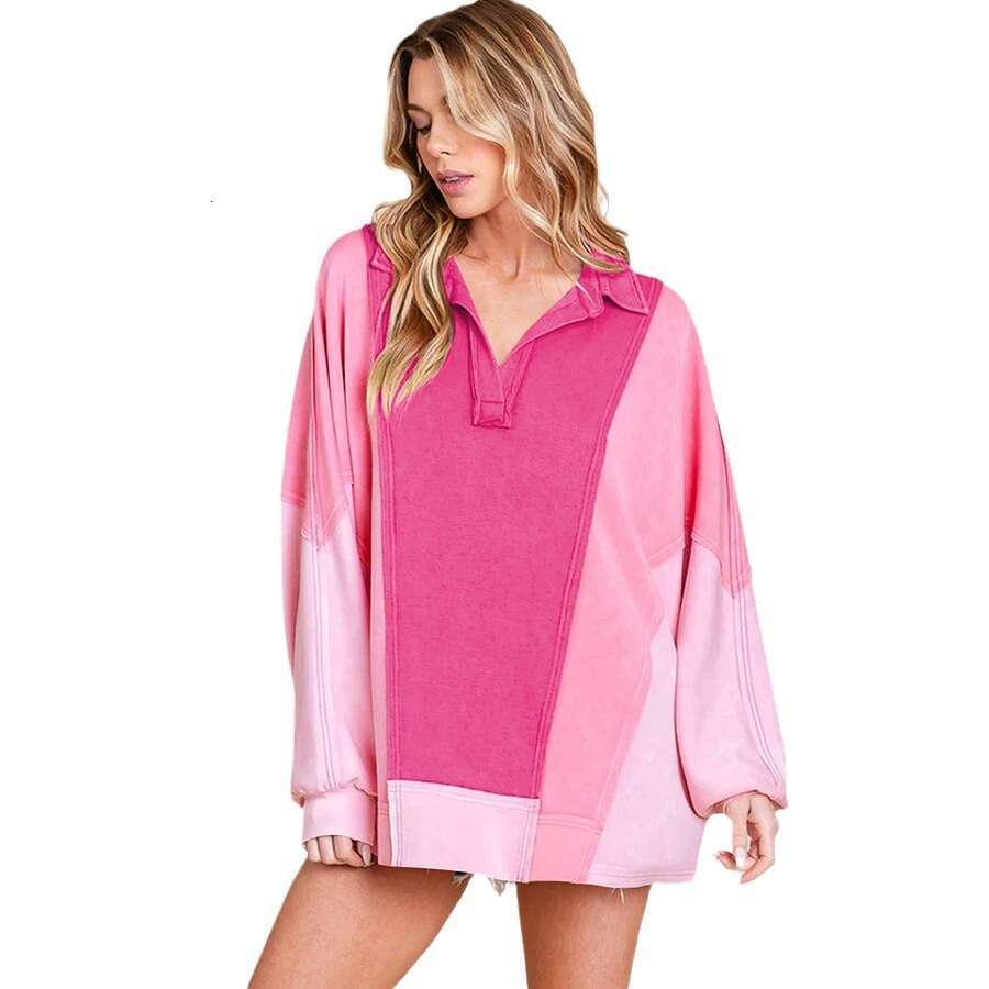 Autumn Winter Street Style Trendy Patchwork Loose Color Block Cool Button Sweatshirt Decorative Line Top