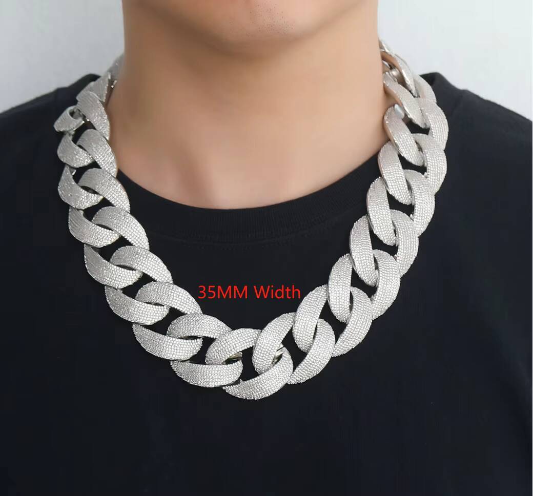 BES Jewelry 35mm Gold Plated Iced Straight Pin Necklace Hip Hop Cuban Chain