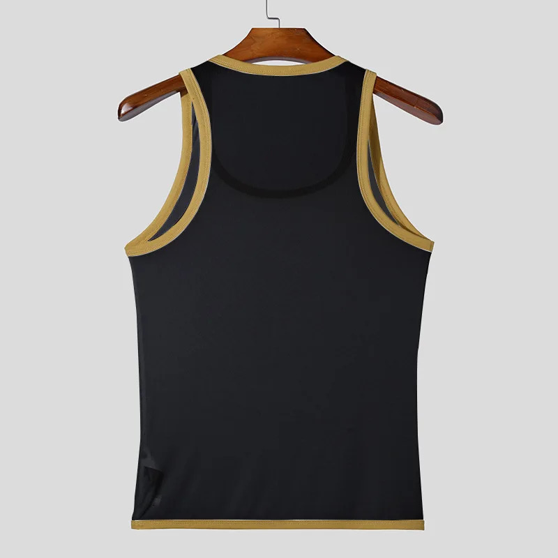 Men Mesh Tank Tops Summer 2025 Clubwear Casual Vest U Neck Sleeveless Contrast Color Fishnet Tshirt Comfortable Chic Tees 250527