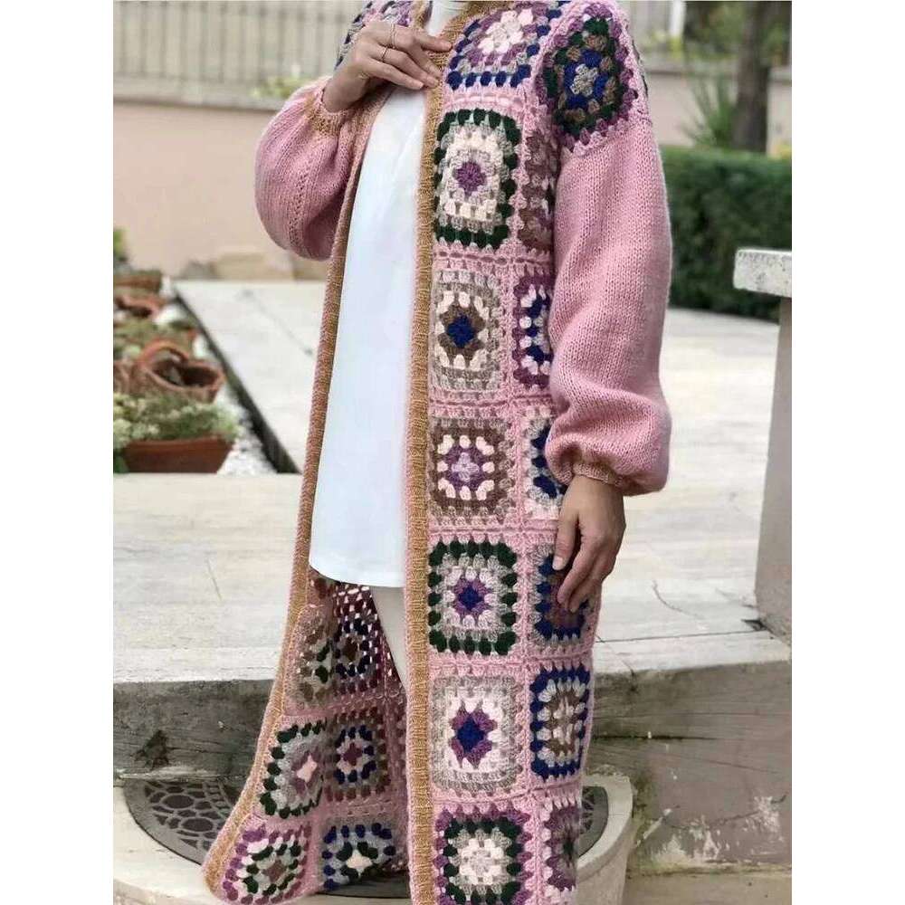 Gypsylady Handmade Kintted Long Multicolor Crochet Women Winter Cardigan Gray Pink Sweater Outerwear Coat