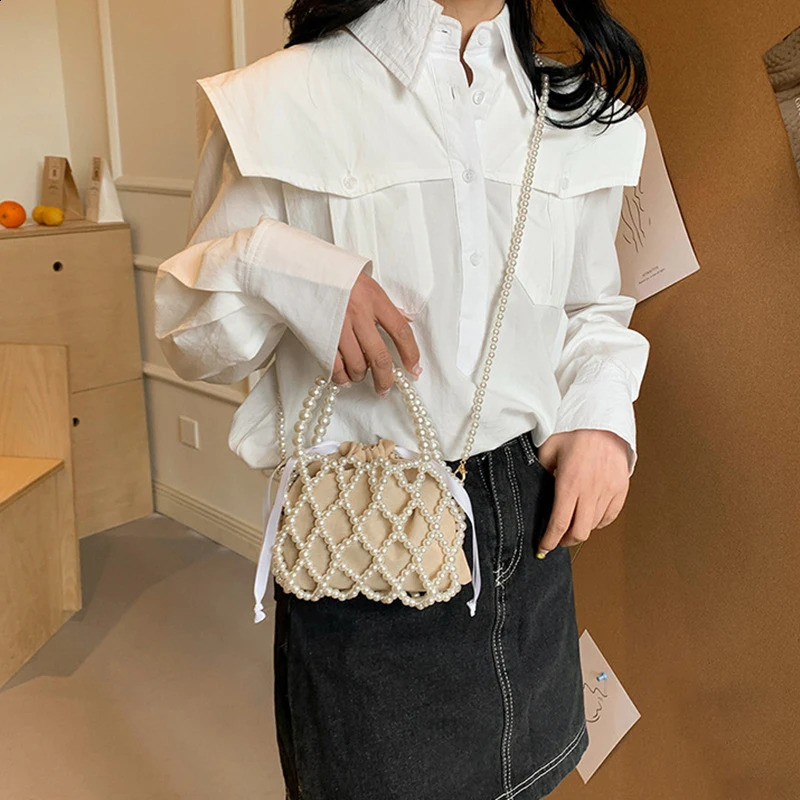 Sweet Handmade Pearl Shoulder Tote Bead Handbag Womens Summer Small Bucket Purse for Party 250530