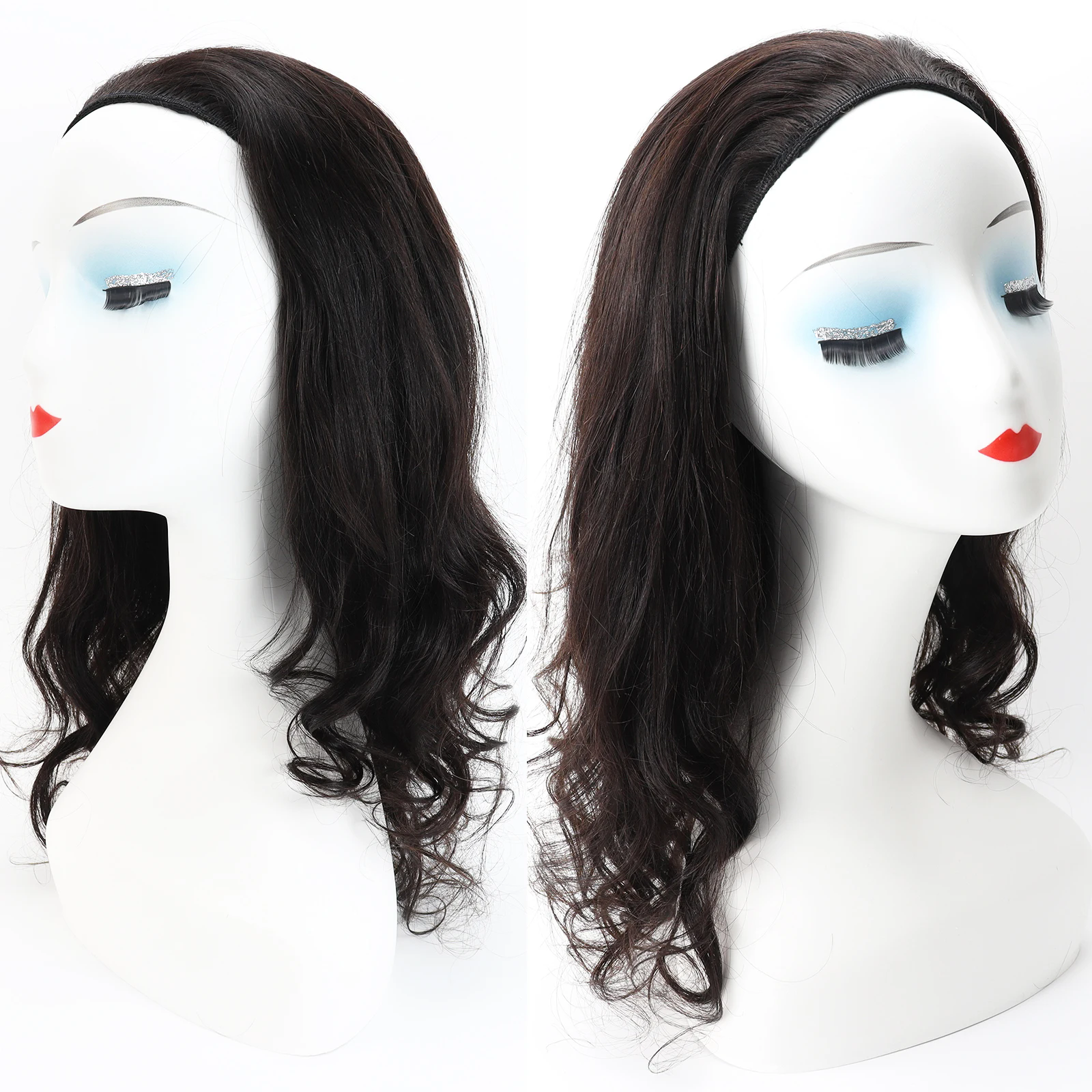 Remy Human Hair Half Wig for Women Body curl Glueless Full Machine Wig 3/4 Wig Peruvian Hair Natural Black wavy