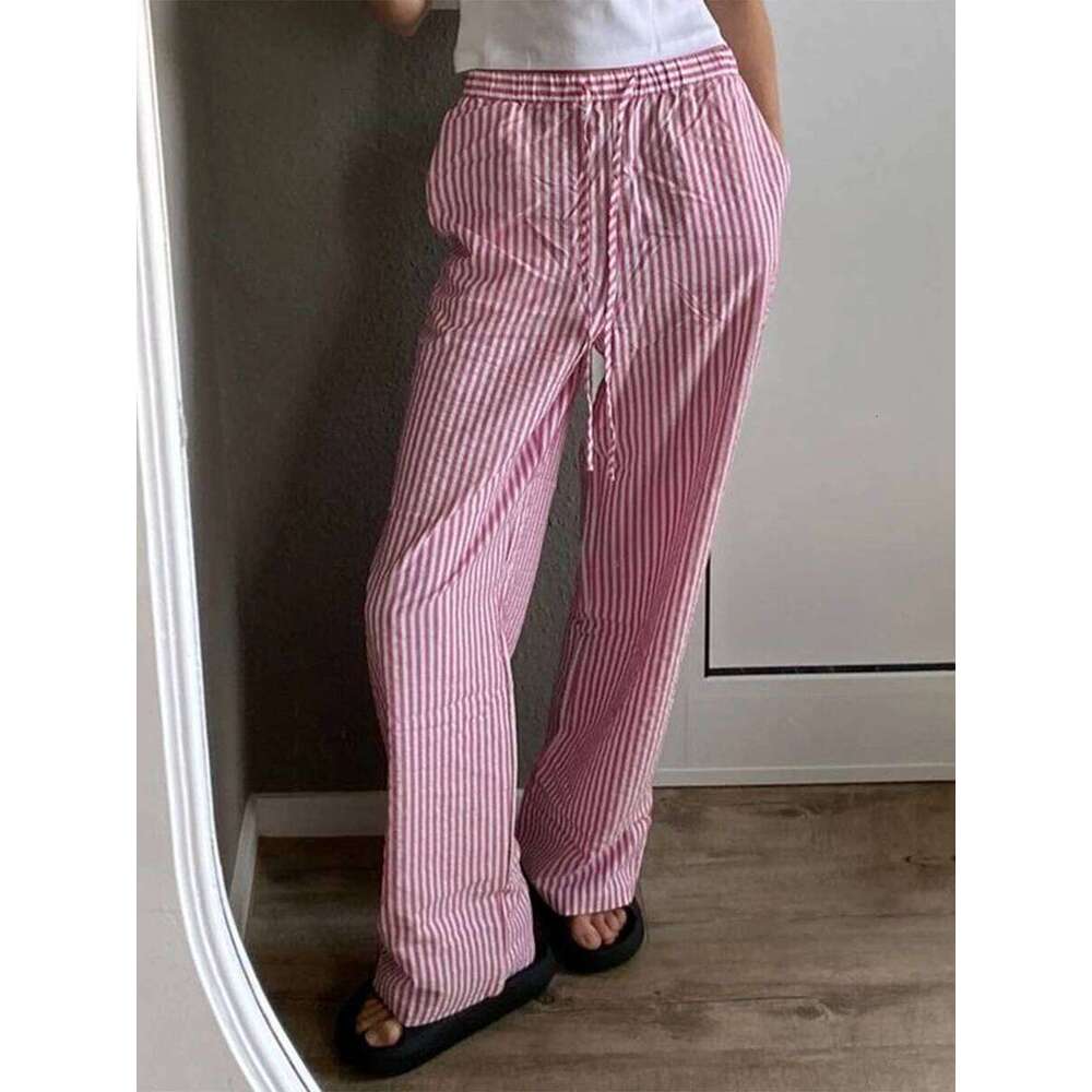 Women's Casual Stripe Print Wid Leg Drawstring Elastic Waist Loose Straight Long Pants With Pockets Lounge Trousers Street