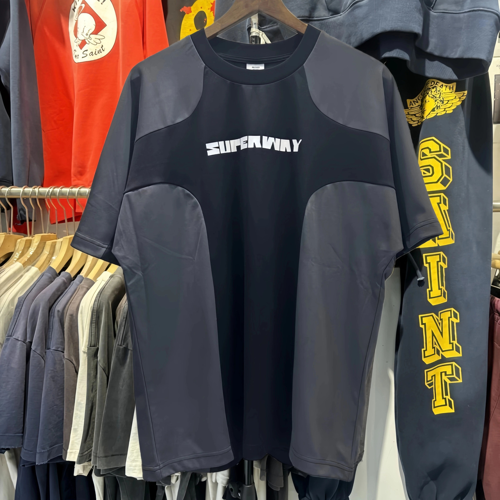 SUPER WAY Black Tshirts Patchwork T-shirt 2025 F-485# 250530