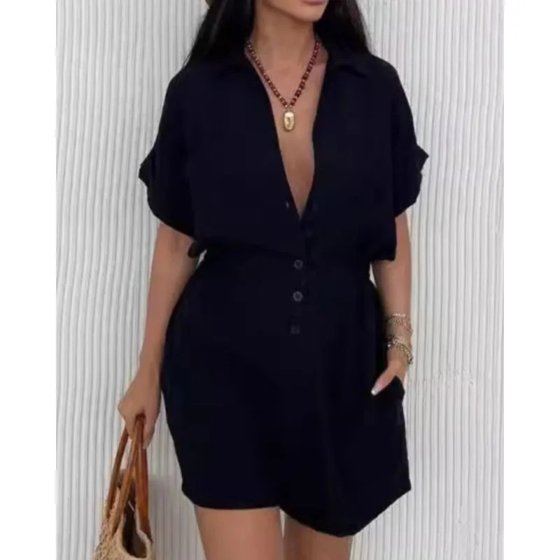 Women Fashion Pocket Shorts Jumpsuits Turn Down Collar Short Sleeve Tops Elastic Waist Shorts Casual Summer Femme Streetwear 250528
