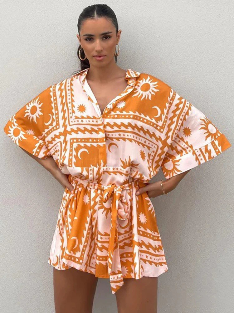 Women Summer Printed Playsuits Fashion Outfits Ladies Single Breasted Half Sleeve Loose Rompers For Women Casual Playsuits 250528