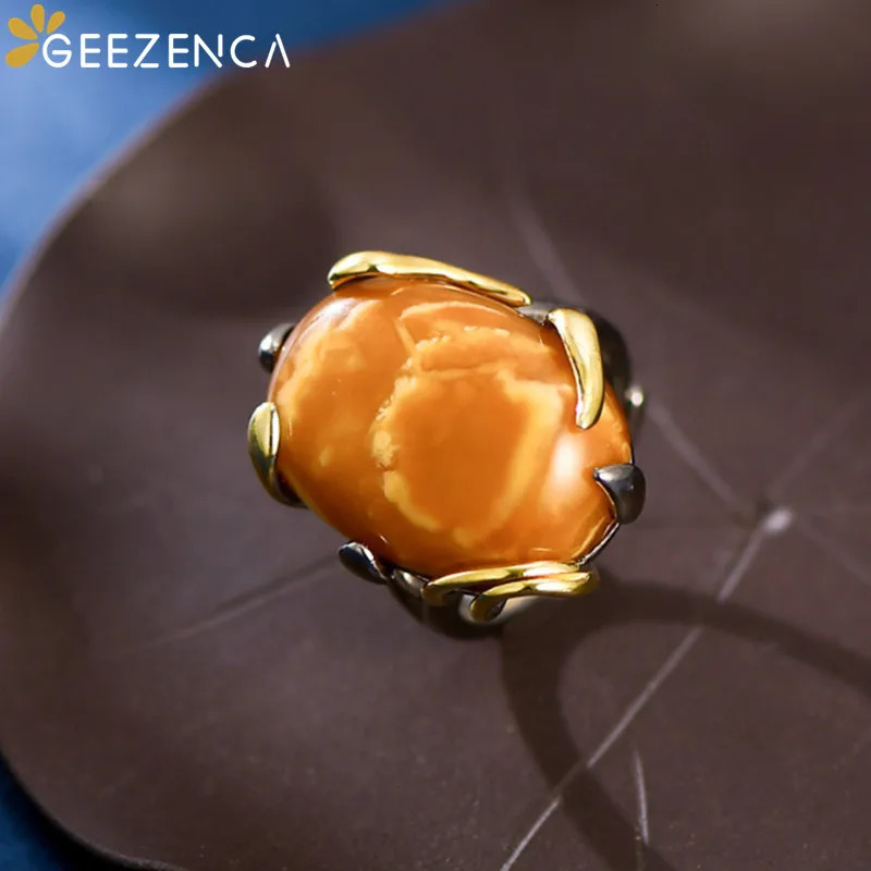 GEEZENCA Natural Amber 925 Sterling Silver Leaf Womens Ring Simple Oval Gemstone Adjustable Ring Female Gift 250526