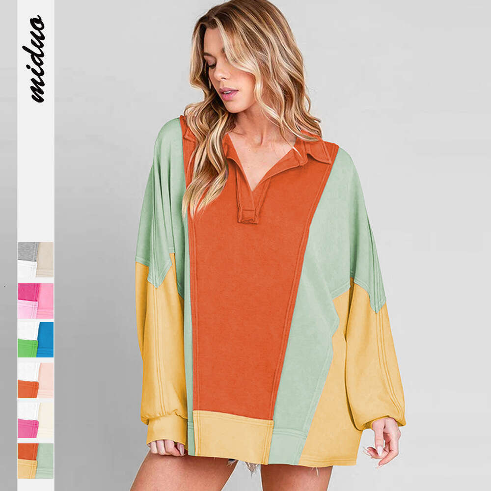 Autumn Winter Street Style Trendy Patchwork Loose Color Block Cool Button Sweatshirt Decorative Line Top