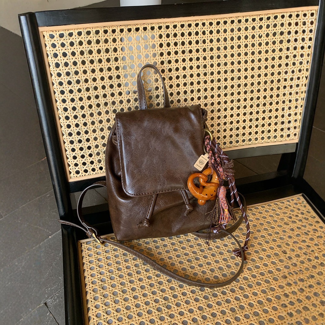 designer American Style Brown Leather Texture Small Backpack Retro PU Soft Leather Texture Versatile Shoulder Bag Commuting Versatile Small Backpack