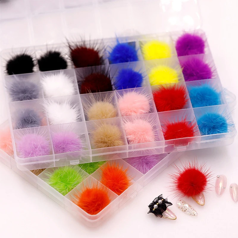 24PCS/Box Detachable Magnet Ball Fluffy 3D 12Colors 27*27mm Puffy Pom Pons Kit Jewelry Manicure Accessories DIY Nails Charms 250528