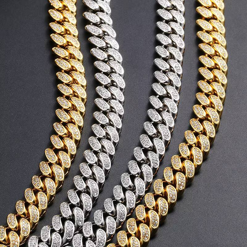 12mm Hip Hop Jewelry Miami Ice Sier Cuban Chain Necklace Bracelet