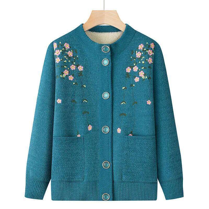 Women's Long Sleeve Winter Outerwear Middle Aged Xl-6Xl Oversized Cardigan Sweater Women Floral Print Top Clothes