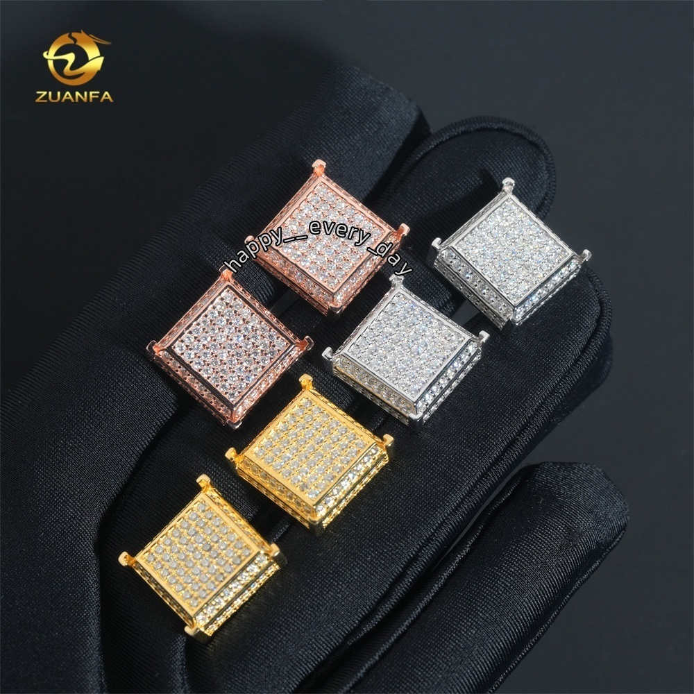 Luxury Big Square Shape Full Iced Out Hip Hop GRA Certertificate 925 Sterling Silver Men Moissanite Earrings