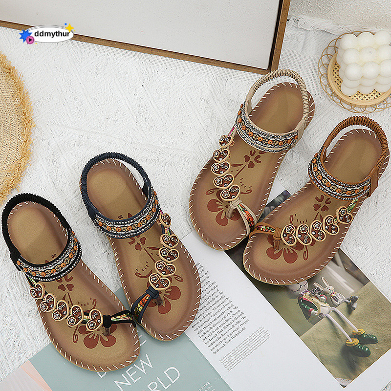 2024 Summer Rhinestone Bohemian Style Women's Ethnic Large Size Slip-On Flat Sandals ddmythur