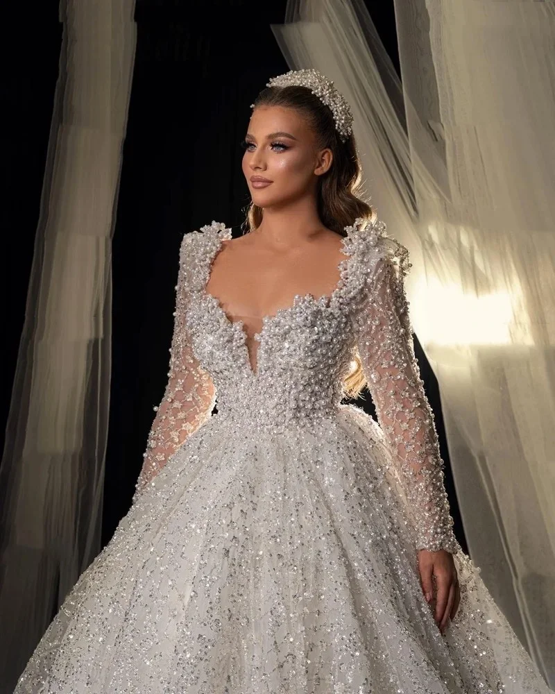 Pretty A Line Wedding Dress For Women Sweetheart Neck Long Sleeves Bridal Gown Pearls Sequins Sweep Train Dresses Custom Made vestidos de novia