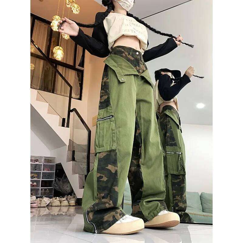 Green Camouflage Fake Two-Piece Spliced Spicy Girl American Retro Work Large Pocket Y2k Street Hip-Hop Straight Leg Pants