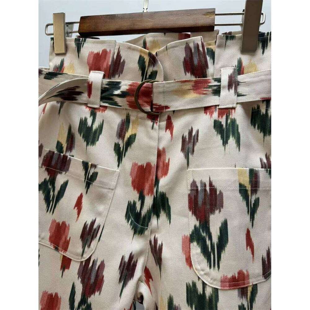 Women Lace-Up Ruffles High Waist Pants Cotton Colorful Printing Straight Casual Lady Loose Long Trousers 2025 Spring Summer