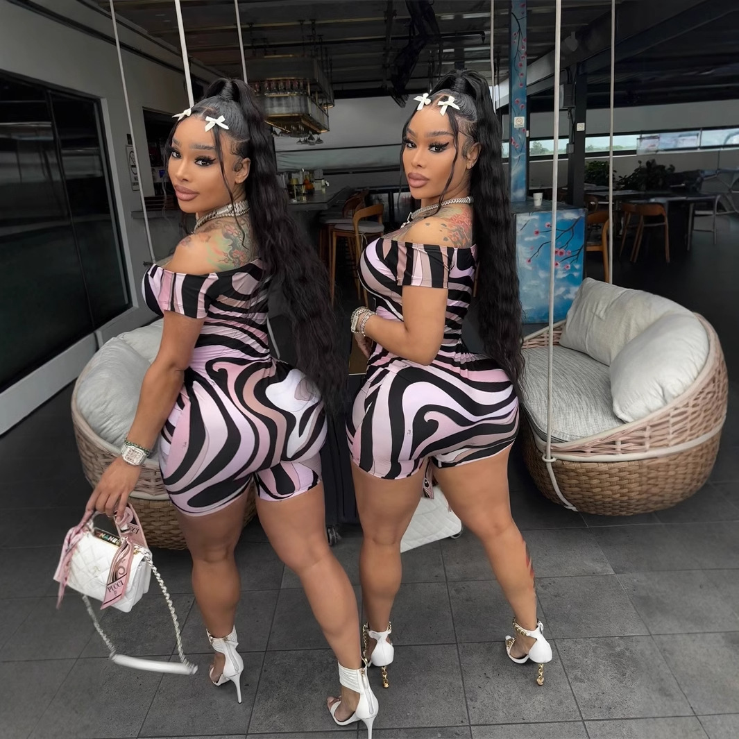 Designer T Shirt Summer Cross Border Trade Hot Selling Women S Strapless Geometric Pattern Print Short Sleeve Slim Fit Jumpsuit Essentials Summer Dres
