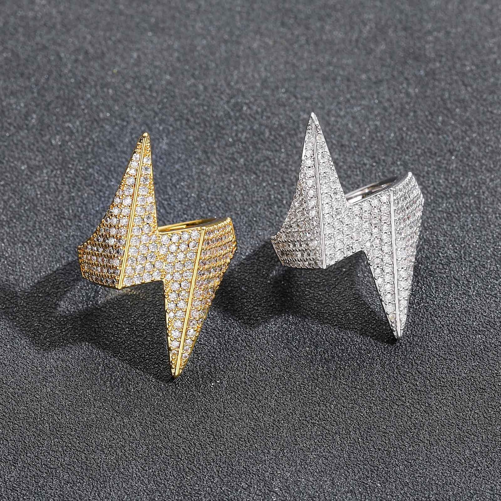 Hip hop three-dimensional lightning ring simple and personalized copper micro inlaid Moissanite personalized trendy ring mens hip-hop accessory moissa