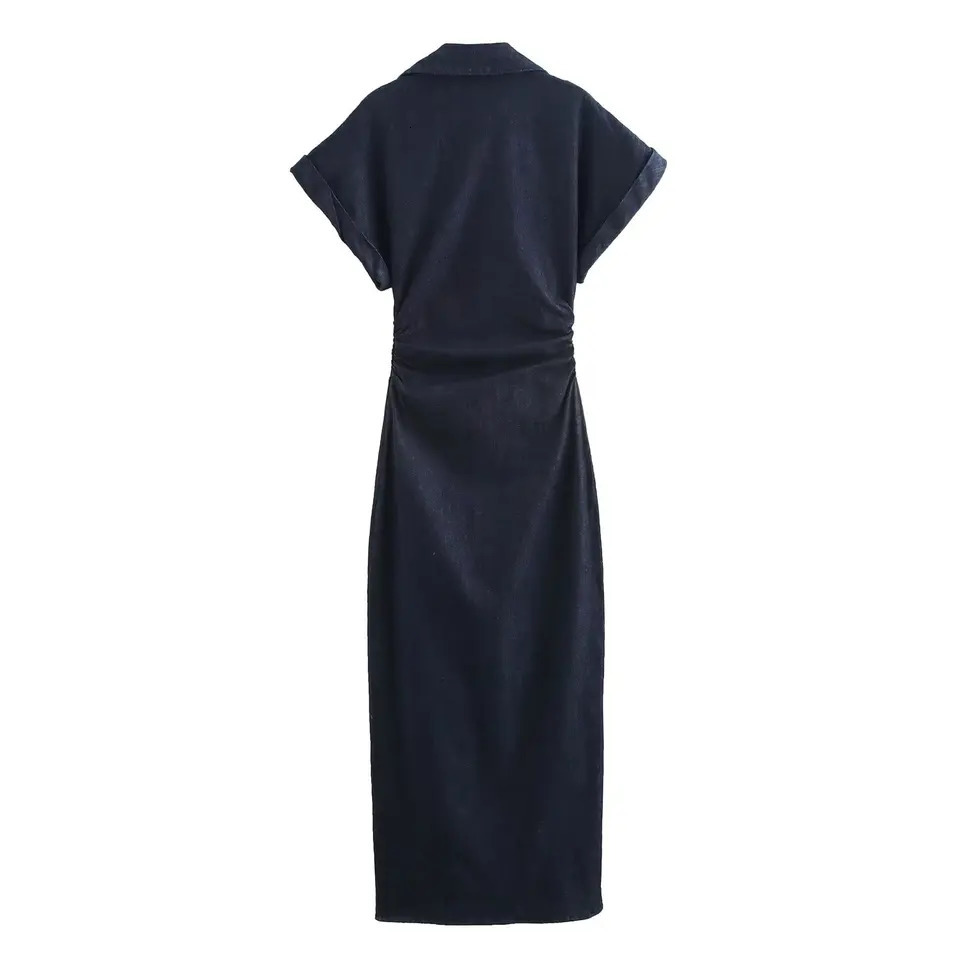 ETJ traf Spring 1975 series denim MIDI dress with lapel side zipper fashion wrinkle waist slim elegant dress 250526